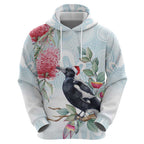 Australia Magpie Christmas Zip Hoodie Eucalyptus Aboriginal Watercolor Stylized - Aussie Hoodie