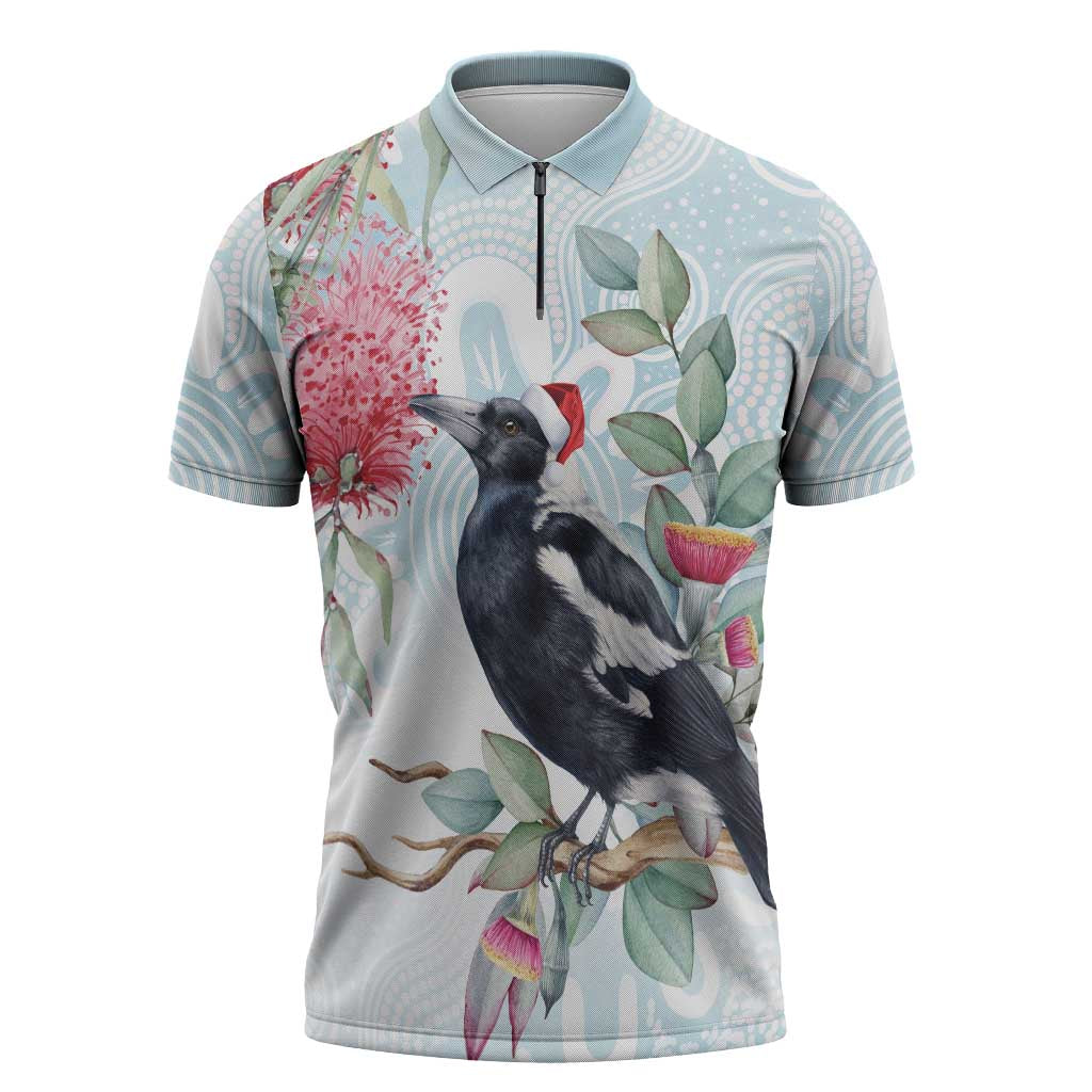 Australia Magpie Christmas Zipper Polo Shirt Eucalyptus Aboriginal Watercolor Stylized - Aussie Hoodie