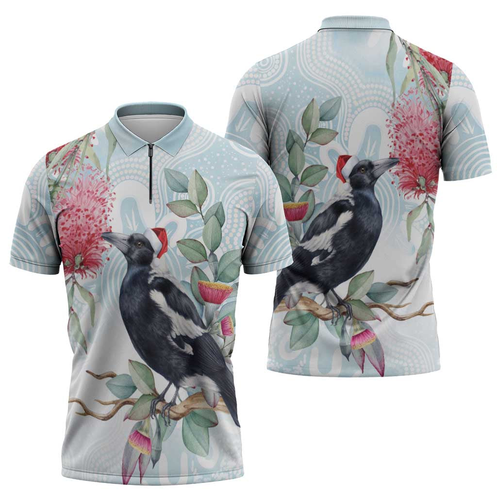 Australia Magpie Christmas Zipper Polo Shirt Eucalyptus Aboriginal Watercolor Stylized - Aussie Hoodie