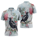 Australia Magpie Christmas Zipper Polo Shirt Eucalyptus Aboriginal Watercolor Stylized - Aussie Hoodie