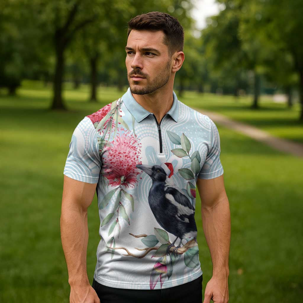 Australia Magpie Christmas Zipper Polo Shirt Eucalyptus Aboriginal Watercolor Stylized - Aussie Hoodie