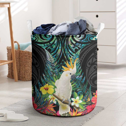 Sulphur-crested Cockatoo New Zealand Laundry Basket Paua Shell Aotearoa Maori Tropical Flowers - Aussie Hoodie
