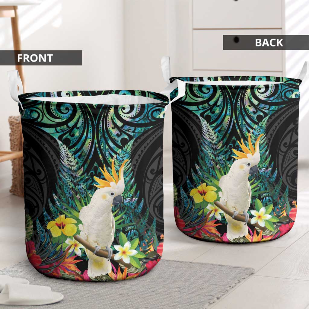 Sulphur-crested Cockatoo New Zealand Laundry Basket Paua Shell Aotearoa Maori Tropical Flowers - Aussie Hoodie