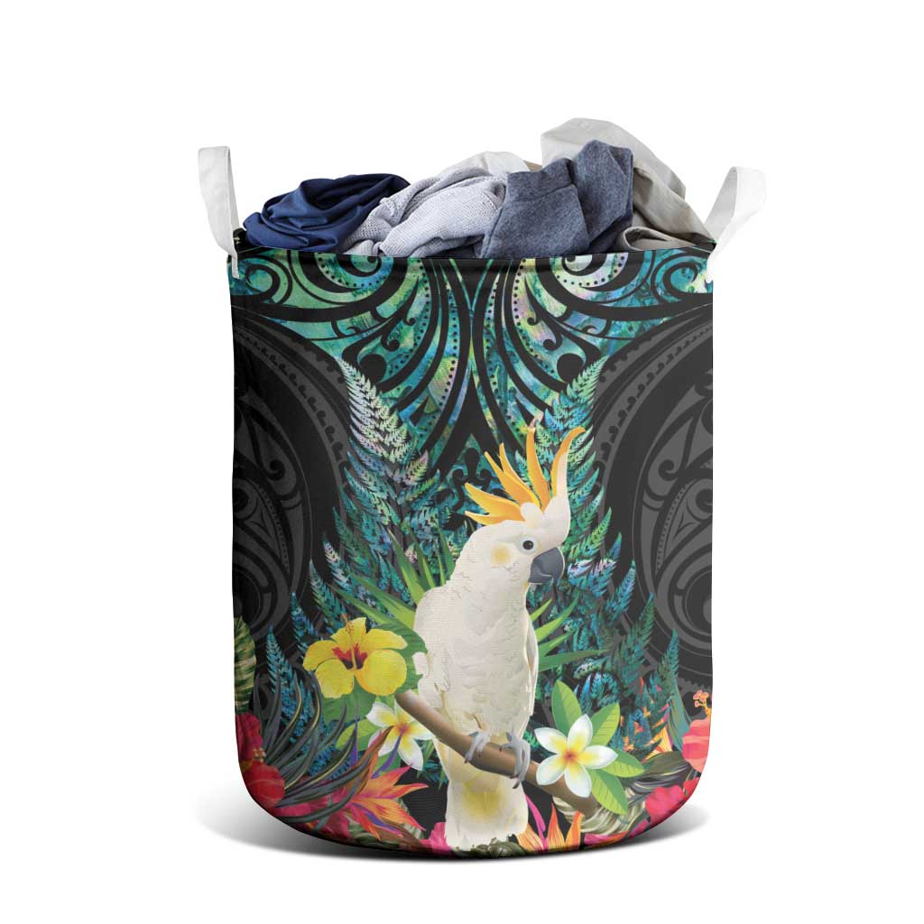 Sulphur-crested Cockatoo New Zealand Laundry Basket Paua Shell Aotearoa Maori Tropical Flowers - Aussie Hoodie