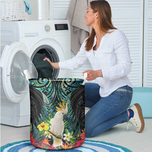 Sulphur-crested Cockatoo New Zealand Laundry Basket Paua Shell Aotearoa Maori Tropical Flowers - Aussie Hoodie
