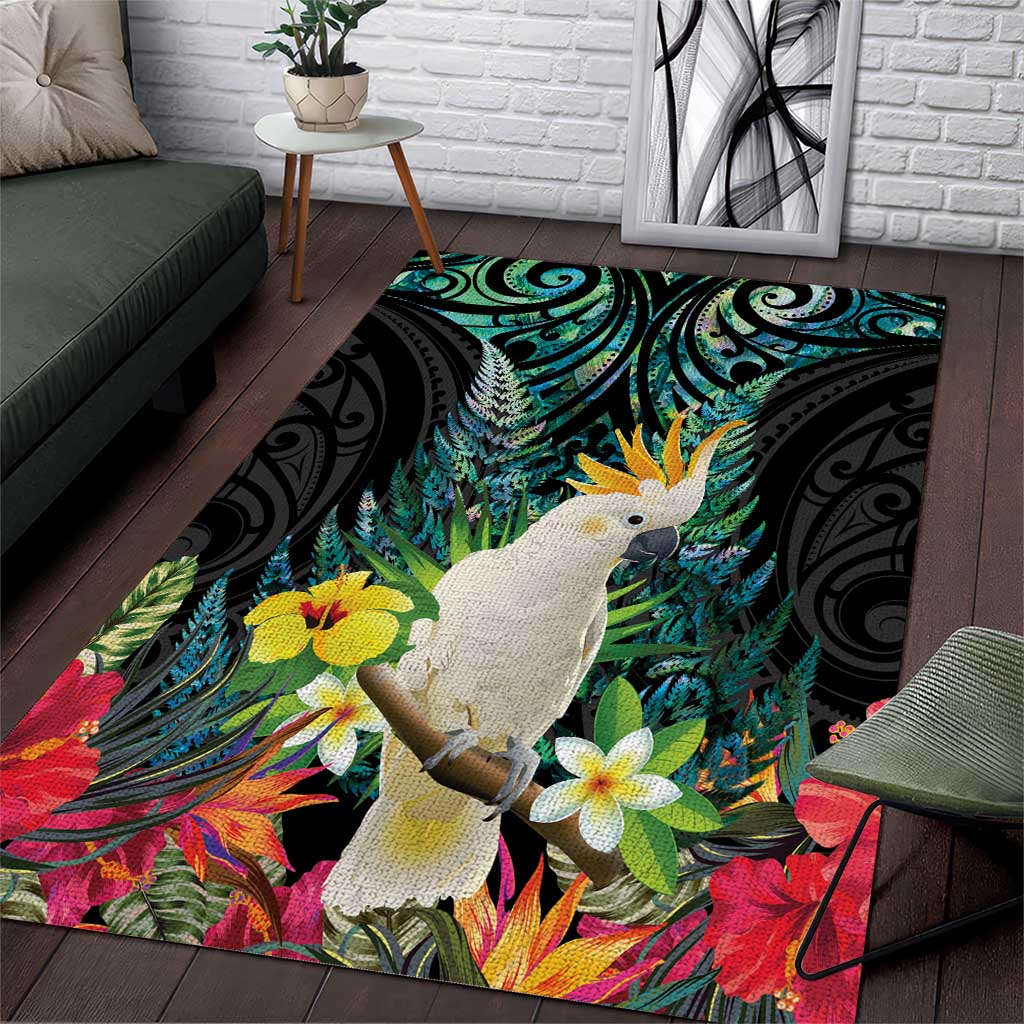 Sulphur-crested Cockatoo New Zealand Area Rug Paua Shell Aotearoa Maori Tropical Flowers - Aussie Hoodie