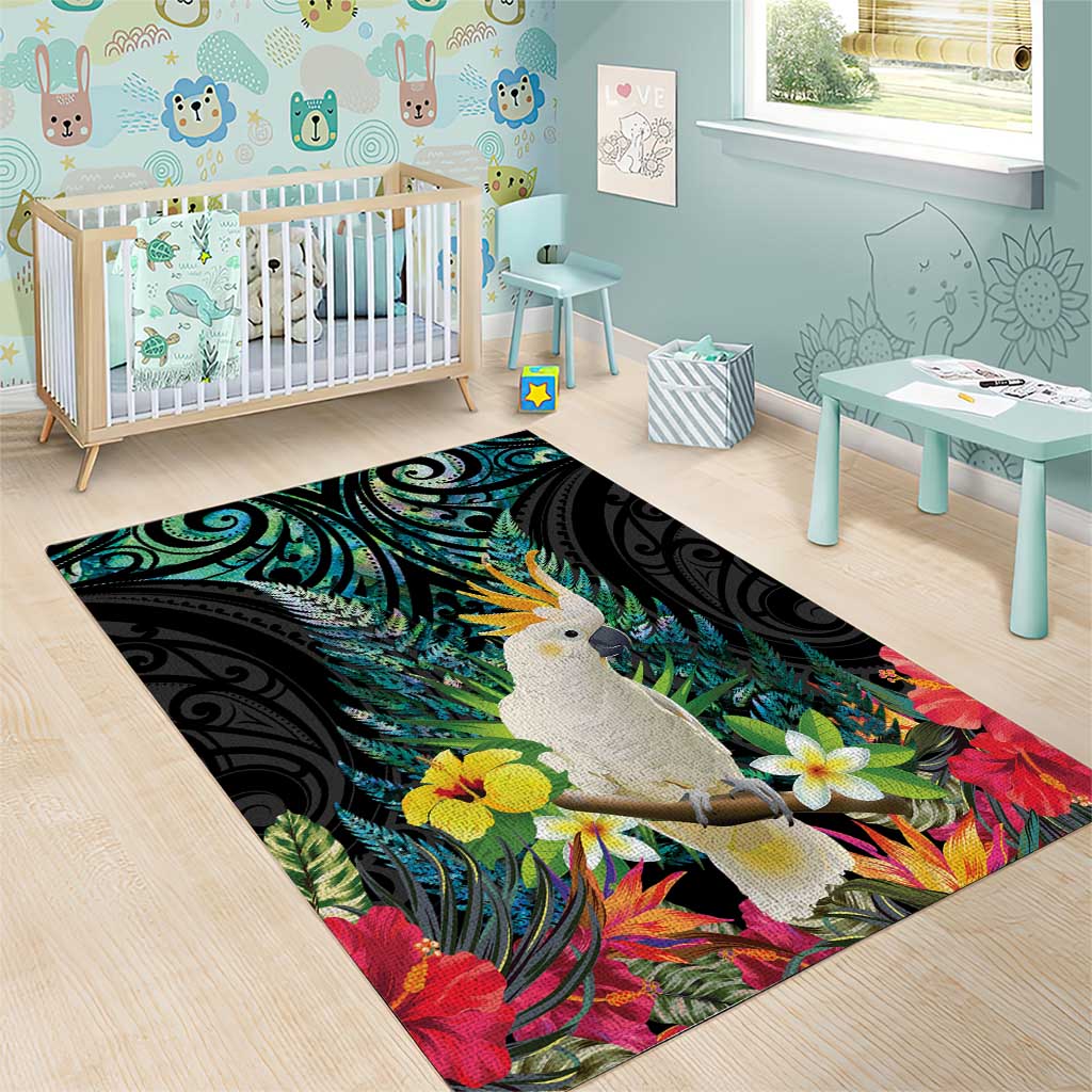 Sulphur-crested Cockatoo New Zealand Area Rug Paua Shell Aotearoa Maori Tropical Flowers - Aussie Hoodie