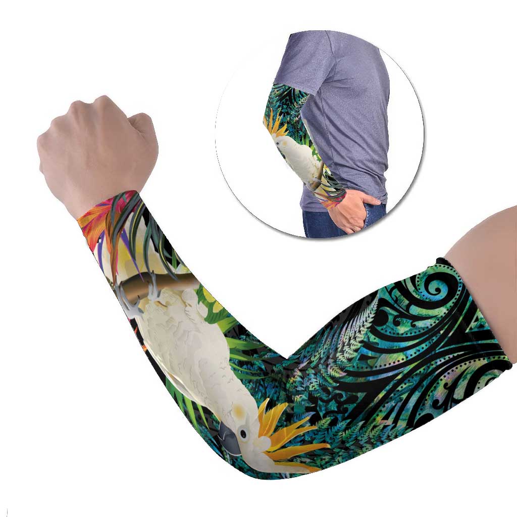 Sulphur-crested Cockatoo New Zealand Arm Sleeves Paua Shell Aotearoa Maori Tropical Flowers - Aussie Hoodie