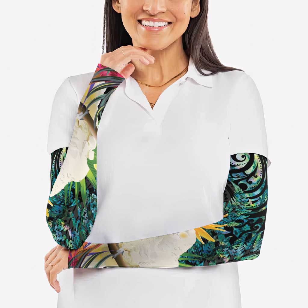 Sulphur-crested Cockatoo New Zealand Arm Sleeves Paua Shell Aotearoa Maori Tropical Flowers - Aussie Hoodie