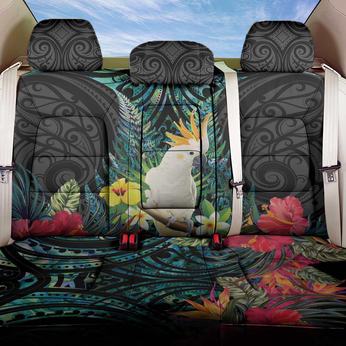Sulphur-crested Cockatoo New Zealand Back Car Seat Cover Paua Shell Aotearoa Maori Tropical Flowers - Aussie Hoodie