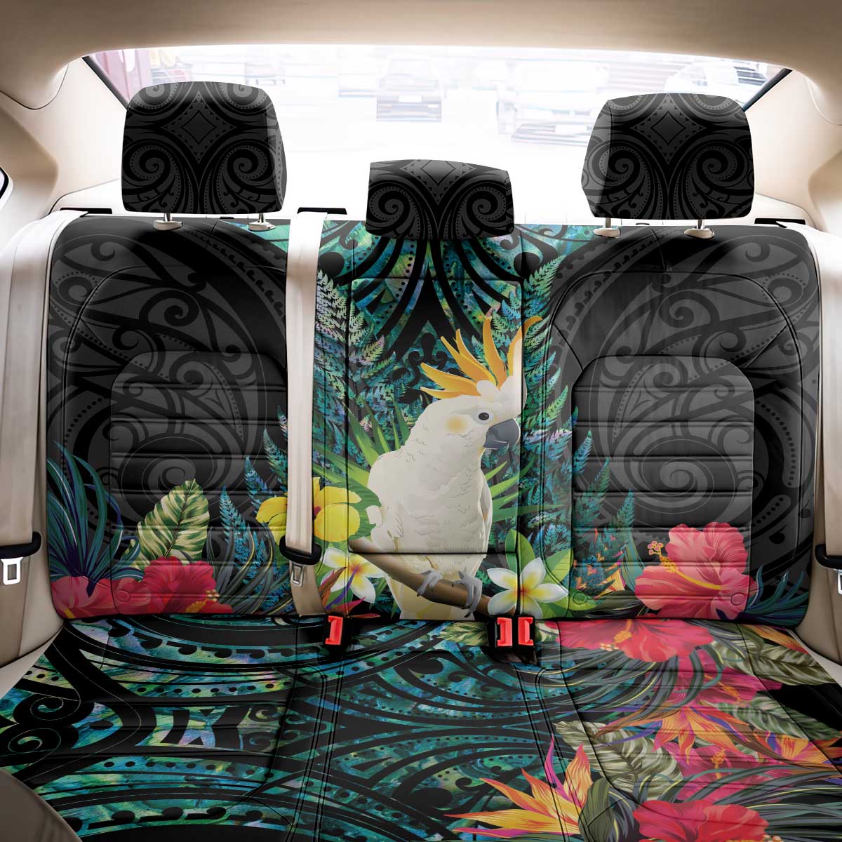 Sulphur-crested Cockatoo New Zealand Back Car Seat Cover Paua Shell Aotearoa Maori Tropical Flowers - Aussie Hoodie
