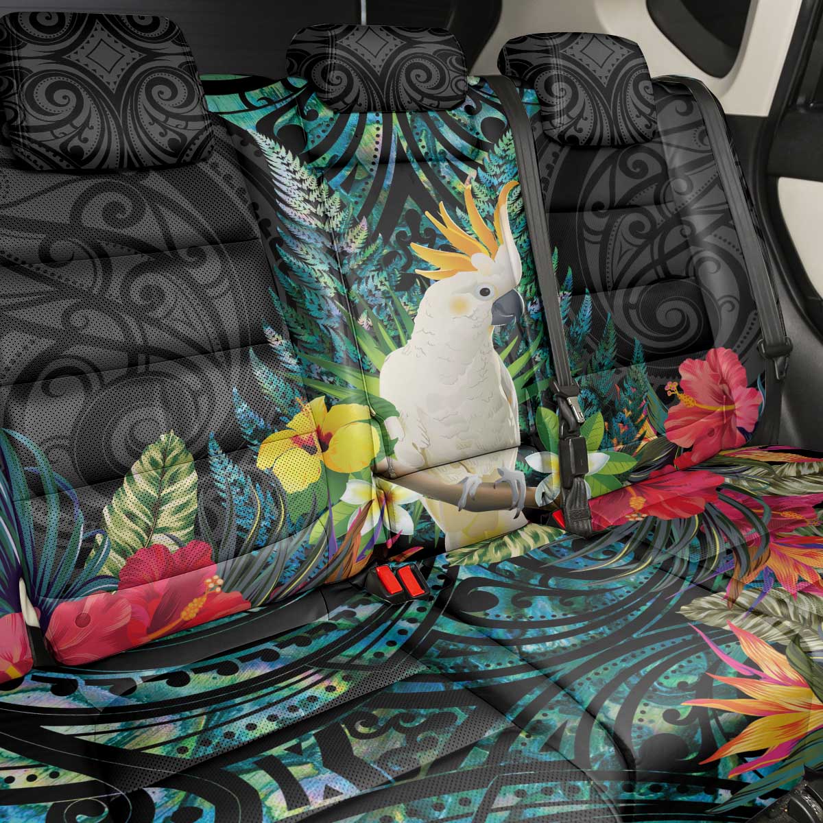Sulphur-crested Cockatoo New Zealand Back Car Seat Cover Paua Shell Aotearoa Maori Tropical Flowers - Aussie Hoodie