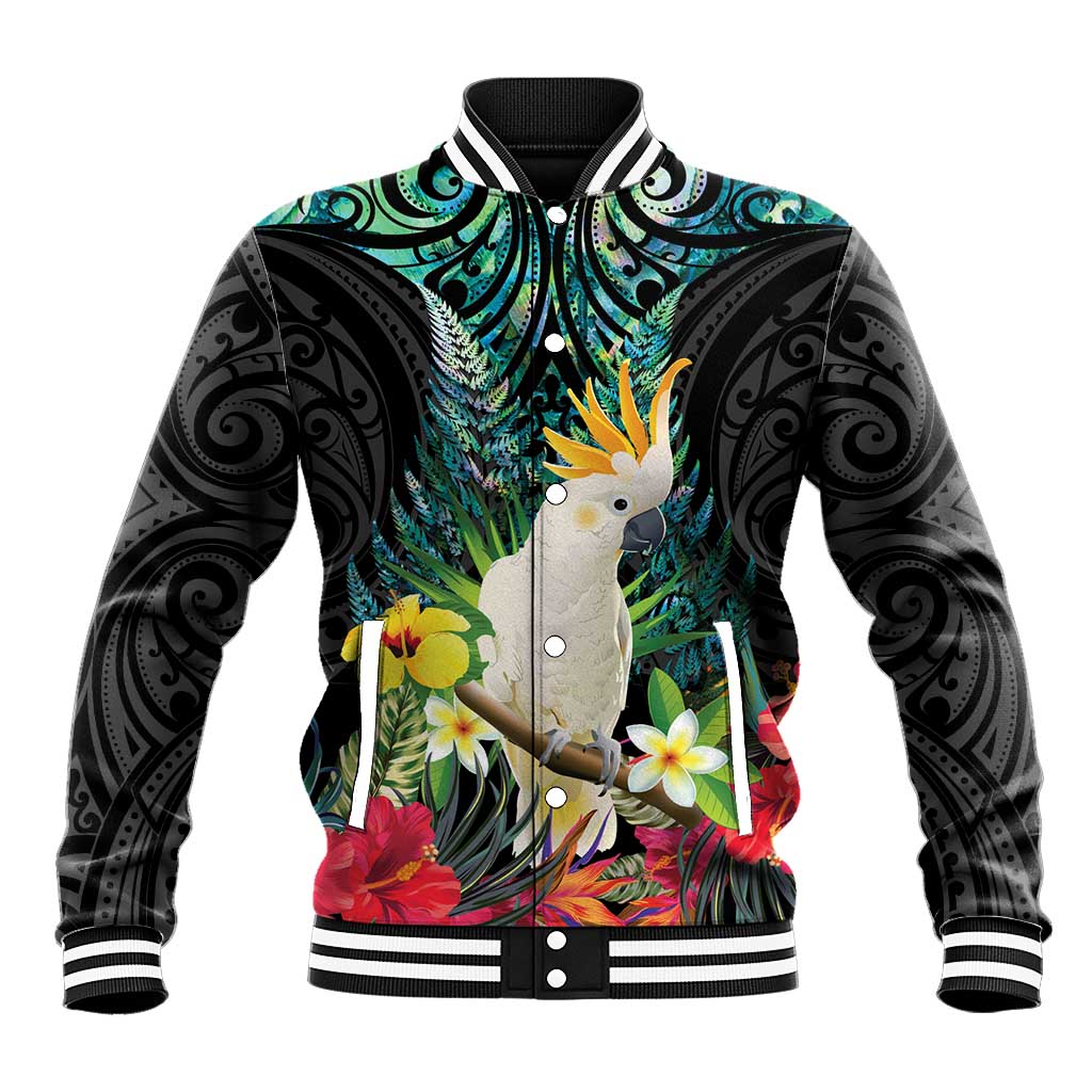 Sulphur-crested Cockatoo New Zealand Baseball Jacket Paua Shell Aotearoa Maori Tropical Flowers - Aussie Hoodie