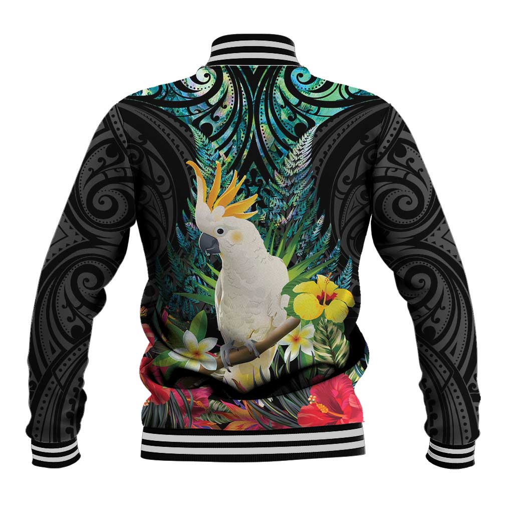 Sulphur-crested Cockatoo New Zealand Baseball Jacket Paua Shell Aotearoa Maori Tropical Flowers - Aussie Hoodie