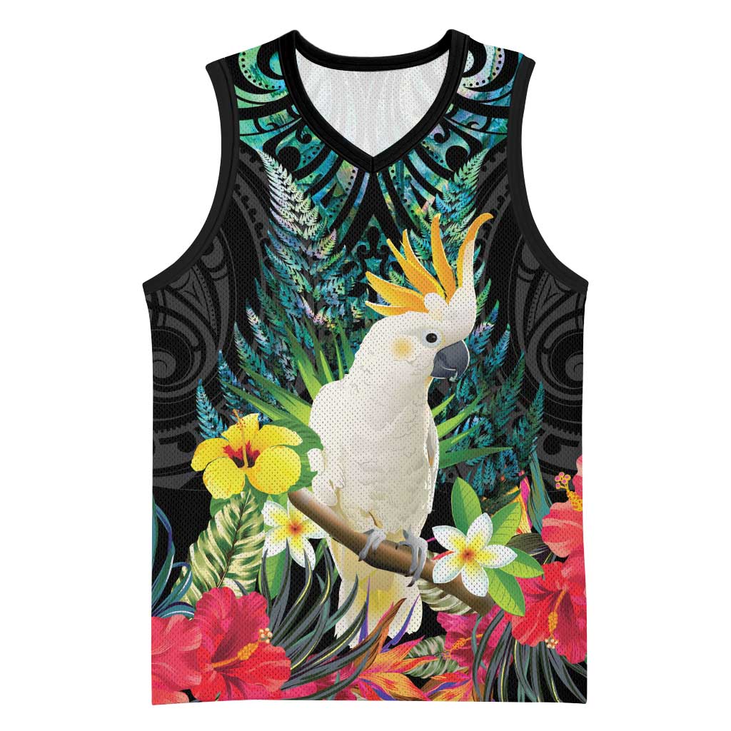 Sulphur-crested Cockatoo New Zealand Basketball Jersey Paua Shell Aotearoa Maori Tropical Flowers - Aussie Hoodie