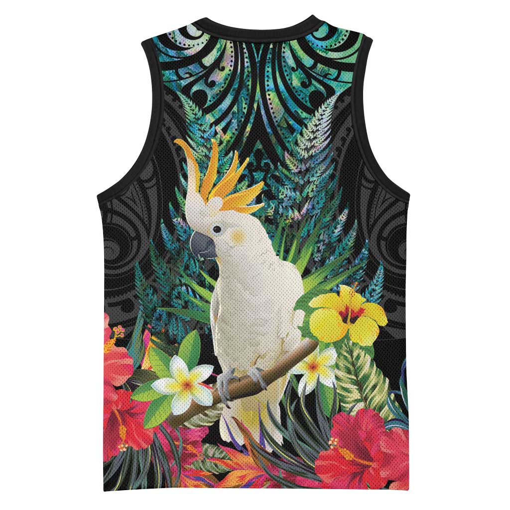 Sulphur-crested Cockatoo New Zealand Basketball Jersey Paua Shell Aotearoa Maori Tropical Flowers - Aussie Hoodie