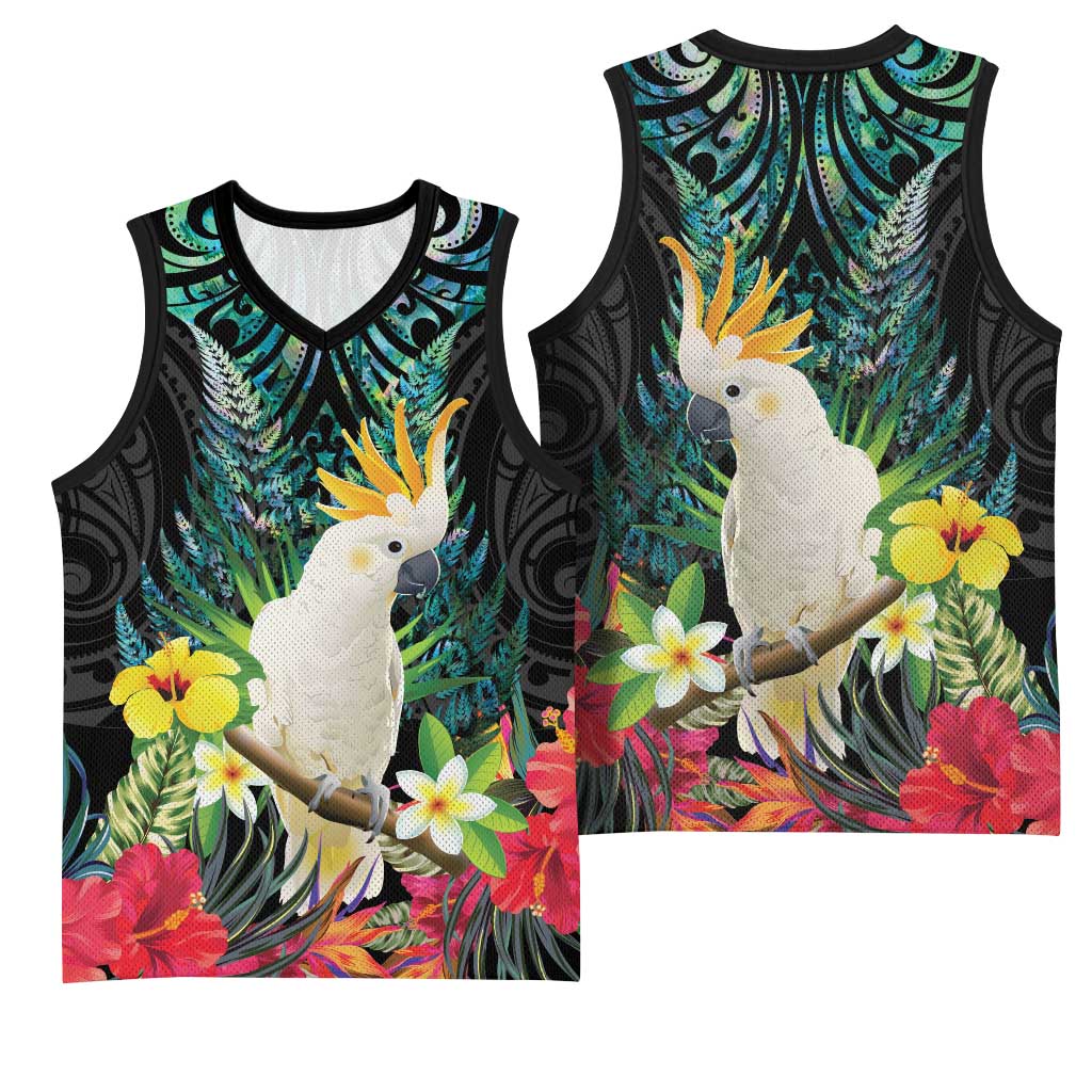 Sulphur-crested Cockatoo New Zealand Basketball Jersey Paua Shell Aotearoa Maori Tropical Flowers - Aussie Hoodie