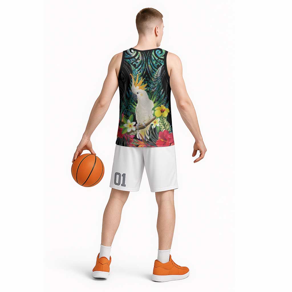 Sulphur-crested Cockatoo New Zealand Basketball Jersey Paua Shell Aotearoa Maori Tropical Flowers - Aussie Hoodie