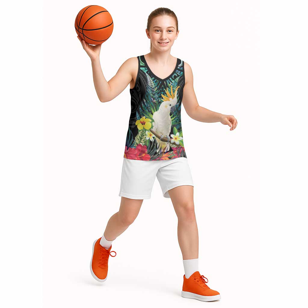 Sulphur-crested Cockatoo New Zealand Basketball Jersey Paua Shell Aotearoa Maori Tropical Flowers - Aussie Hoodie