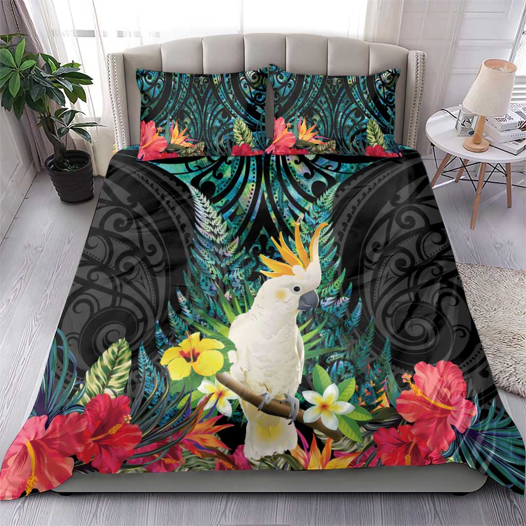 Sulphur-crested Cockatoo New Zealand Bedding Set Paua Shell Aotearoa Maori Tropical Flowers - Aussie Hoodie