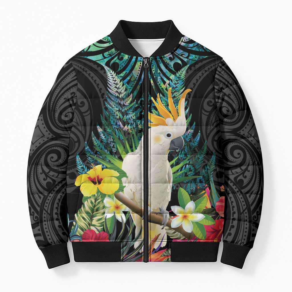 Sulphur-crested Cockatoo New Zealand Bomber Puffer Jacket Paua Shell Aotearoa Maori Tropical Flowers - Aussie Hoodie