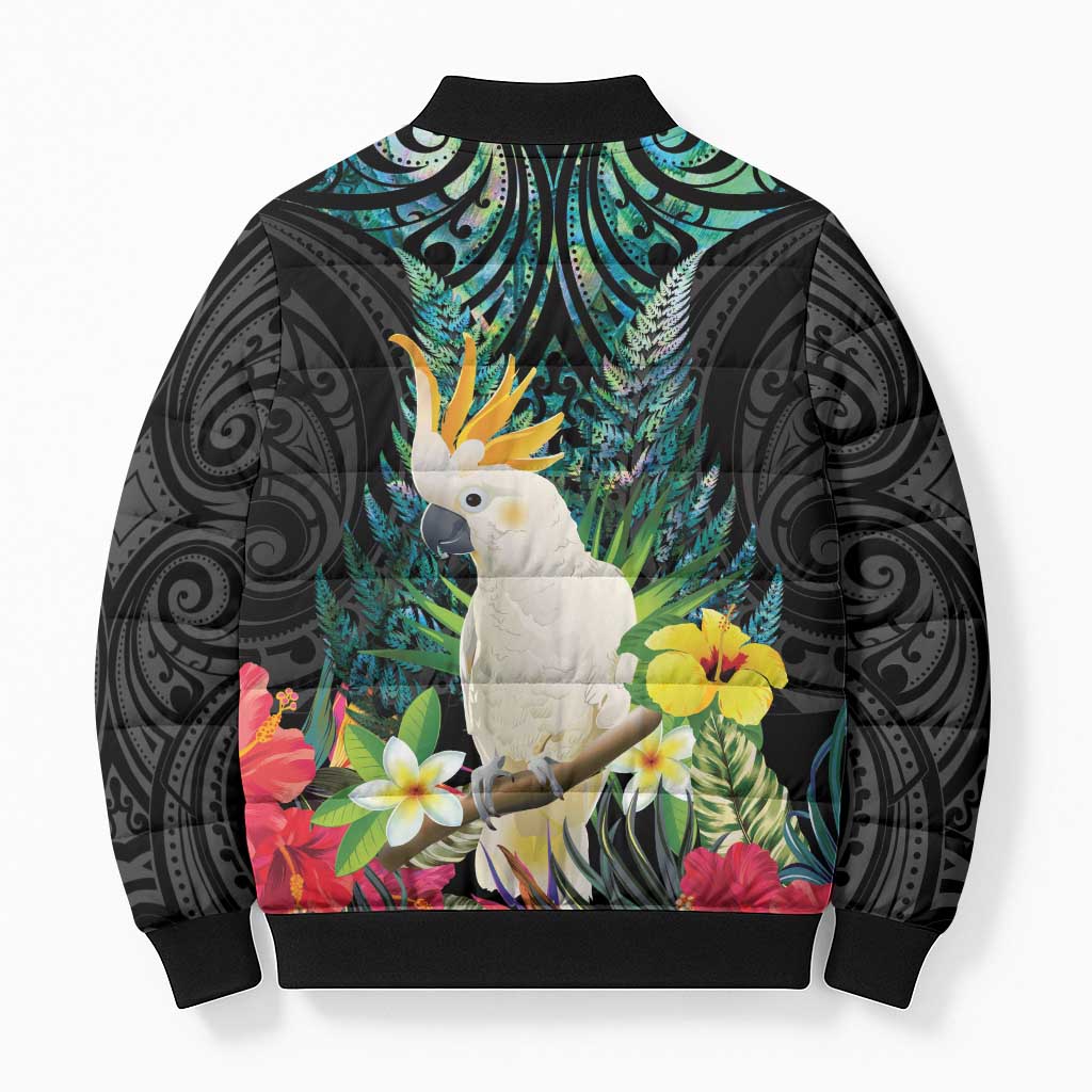 Sulphur-crested Cockatoo New Zealand Bomber Puffer Jacket Paua Shell Aotearoa Maori Tropical Flowers - Aussie Hoodie