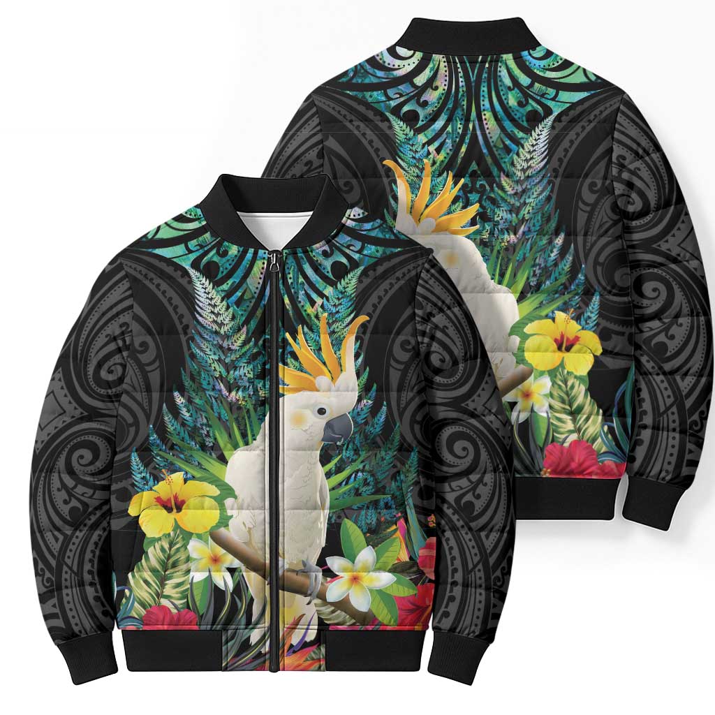 Sulphur-crested Cockatoo New Zealand Bomber Puffer Jacket Paua Shell Aotearoa Maori Tropical Flowers - Aussie Hoodie