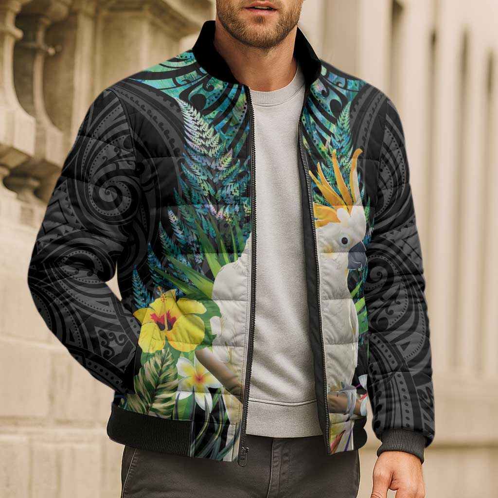 Sulphur-crested Cockatoo New Zealand Bomber Puffer Jacket Paua Shell Aotearoa Maori Tropical Flowers - Aussie Hoodie