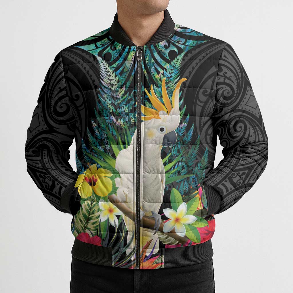 Sulphur-crested Cockatoo New Zealand Bomber Puffer Jacket Paua Shell Aotearoa Maori Tropical Flowers - Aussie Hoodie