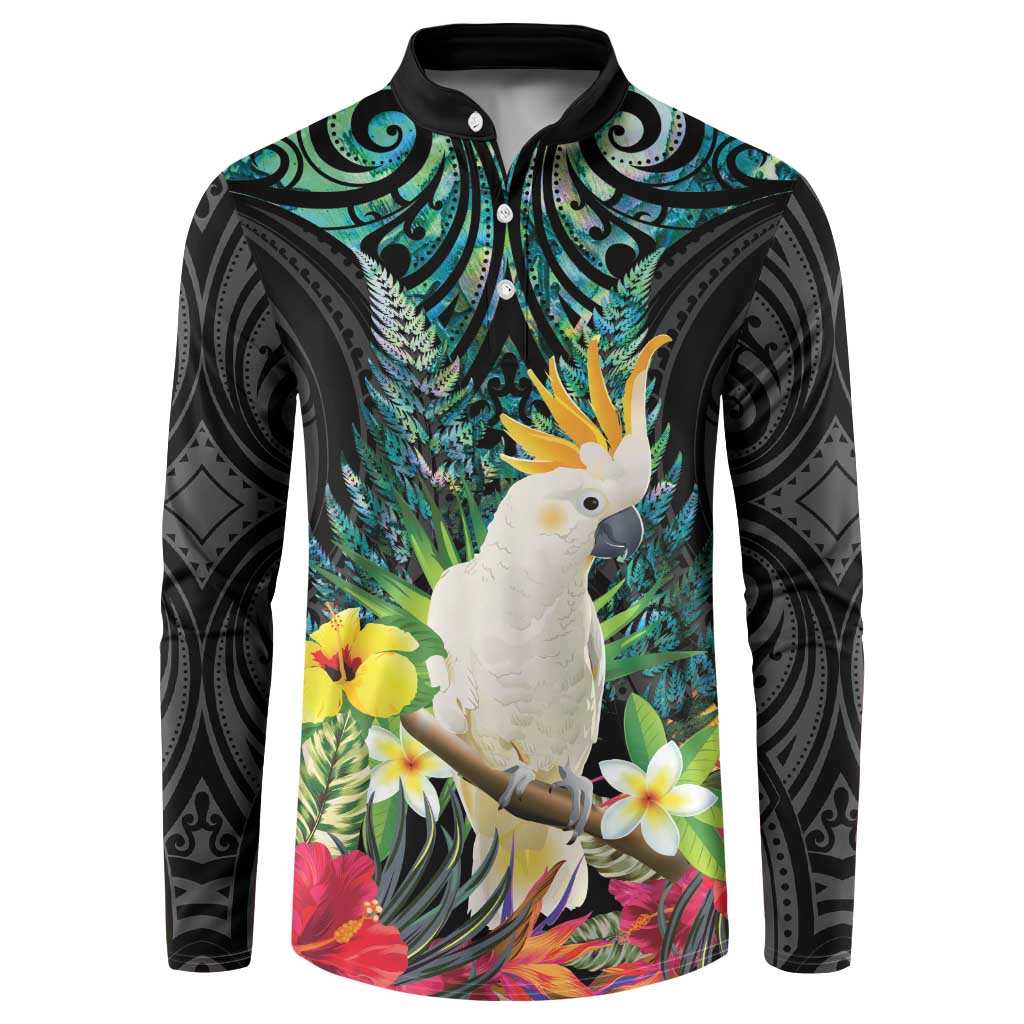 Sulphur-crested Cockatoo New Zealand Button Sweatshirt Paua Shell Aotearoa Maori Tropical Flowers - Aussie Hoodie