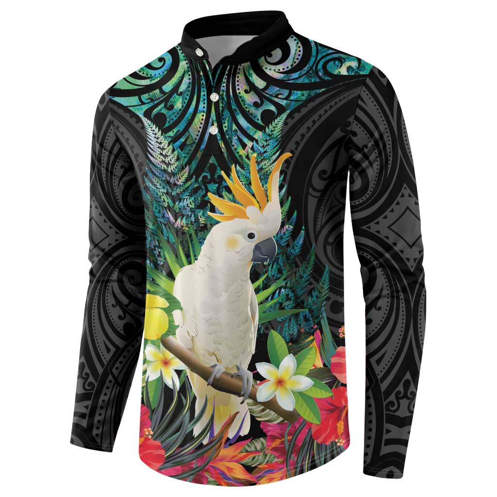 Sulphur-crested Cockatoo New Zealand Button Sweatshirt Paua Shell Aotearoa Maori Tropical Flowers - Aussie Hoodie