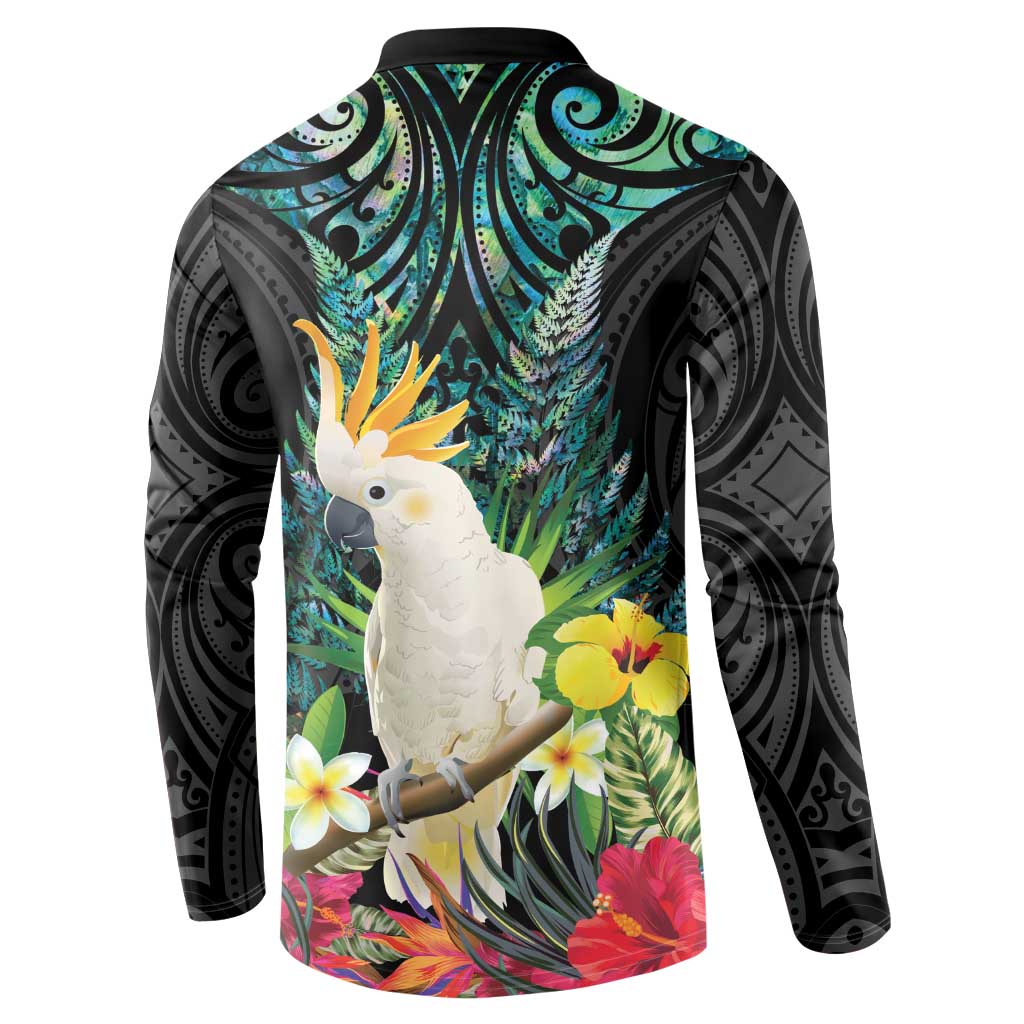 Sulphur-crested Cockatoo New Zealand Button Sweatshirt Paua Shell Aotearoa Maori Tropical Flowers - Aussie Hoodie
