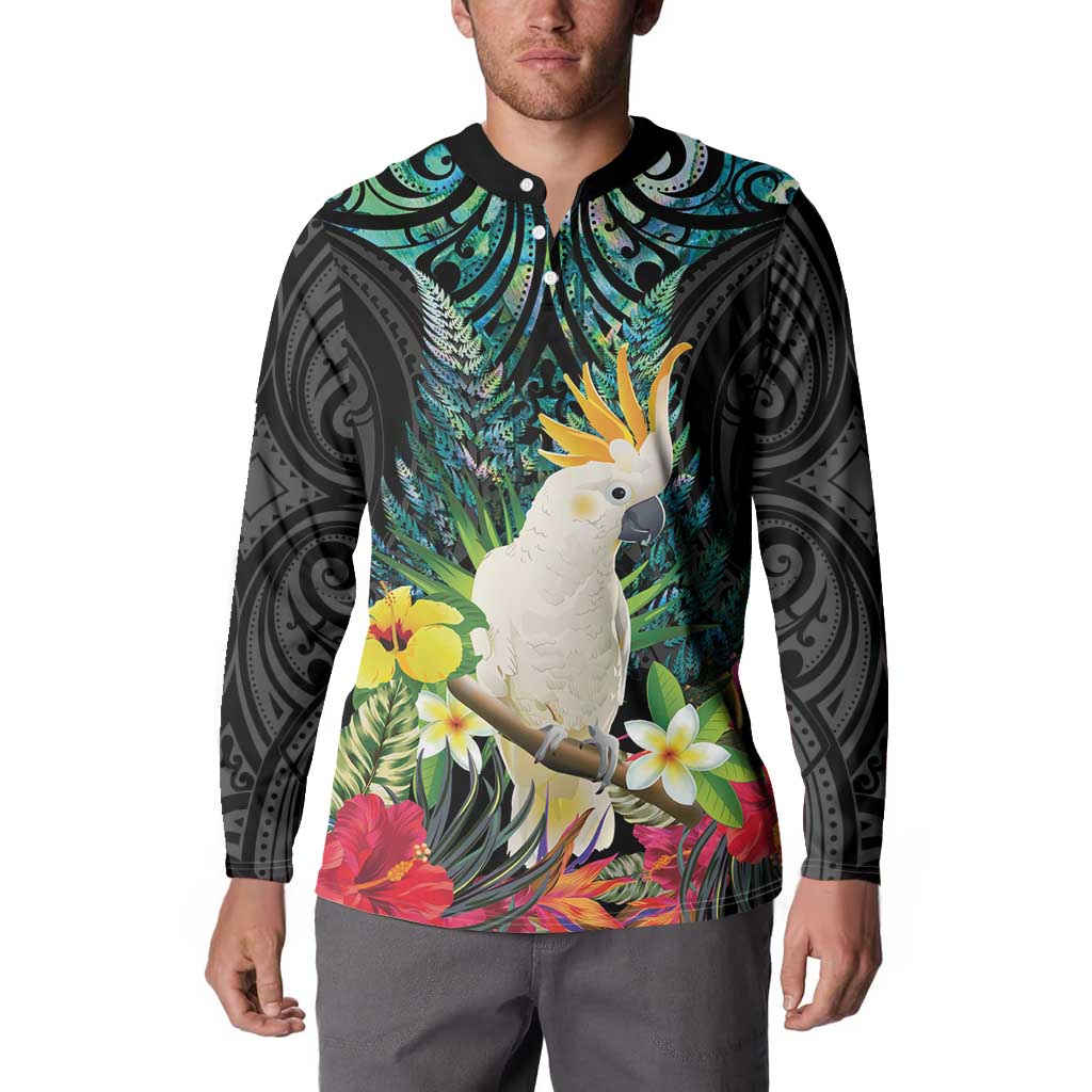 Sulphur-crested Cockatoo New Zealand Button Sweatshirt Paua Shell Aotearoa Maori Tropical Flowers - Aussie Hoodie
