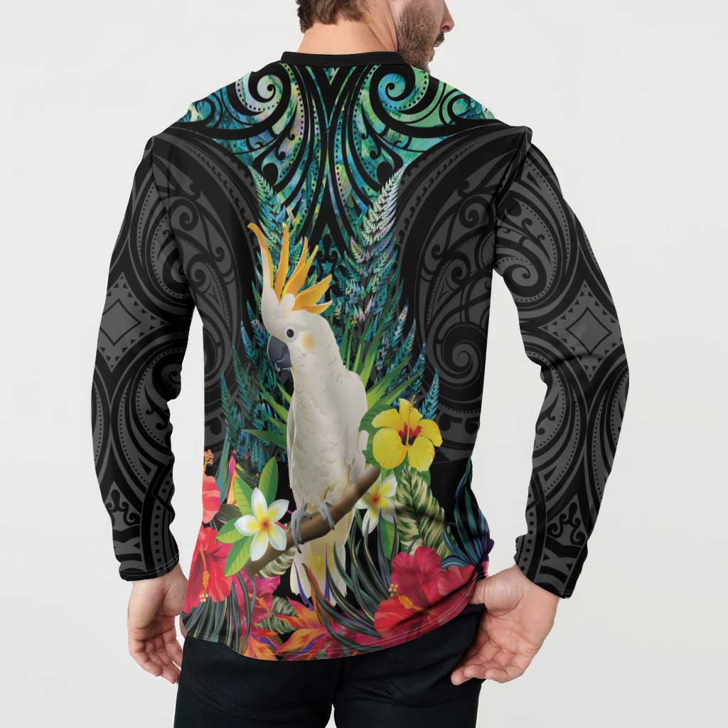 Sulphur-crested Cockatoo New Zealand Button Sweatshirt Paua Shell Aotearoa Maori Tropical Flowers - Aussie Hoodie