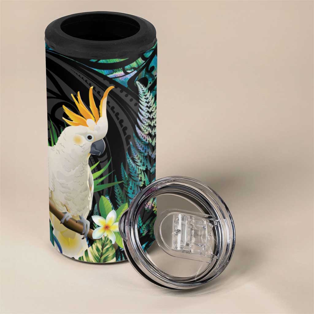 Sulphur-crested Cockatoo New Zealand 4 in 1 Can Cooler Tumbler Paua Shell Aotearoa Maori Tropical Flowers - Aussie Hoodie