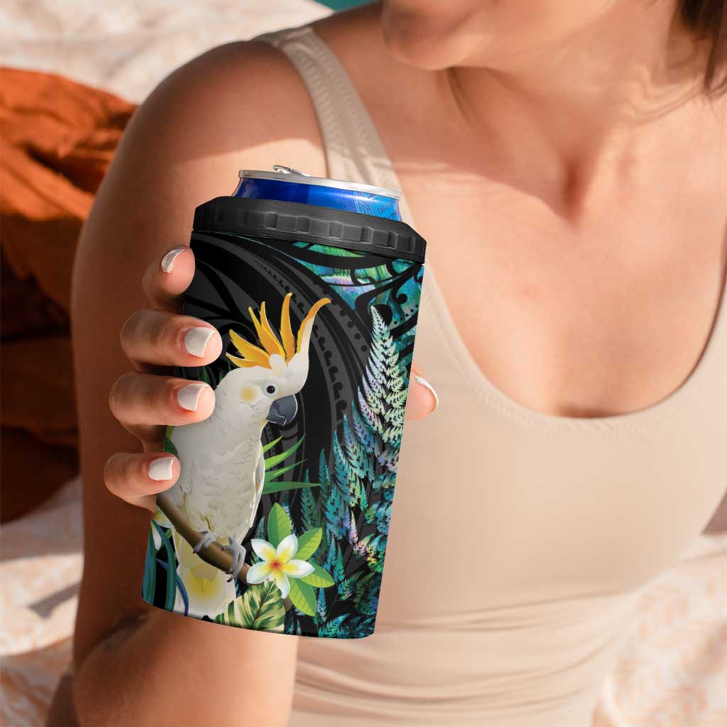 Sulphur-crested Cockatoo New Zealand 4 in 1 Can Cooler Tumbler Paua Shell Aotearoa Maori Tropical Flowers - Aussie Hoodie