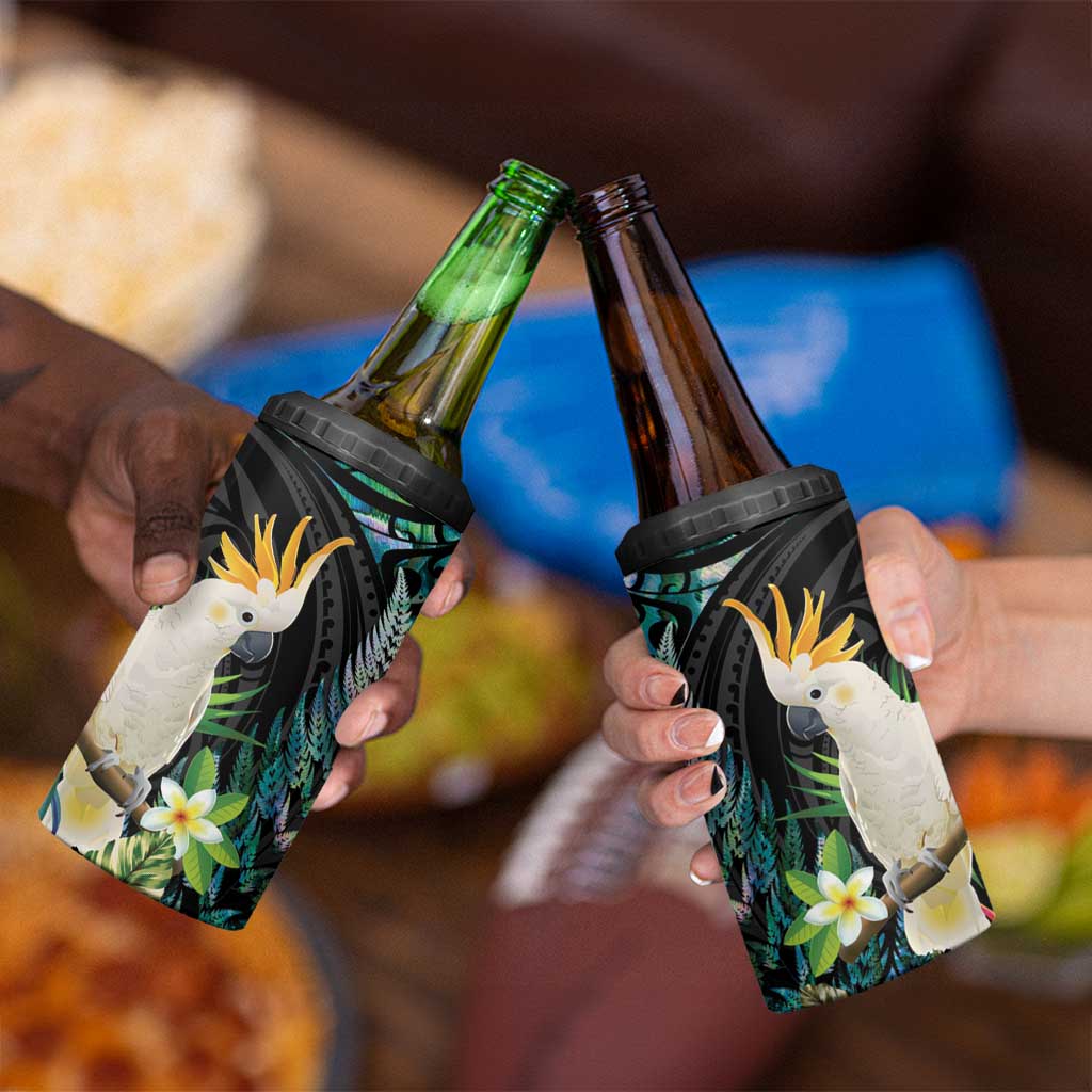 Sulphur-crested Cockatoo New Zealand 4 in 1 Can Cooler Tumbler Paua Shell Aotearoa Maori Tropical Flowers - Aussie Hoodie