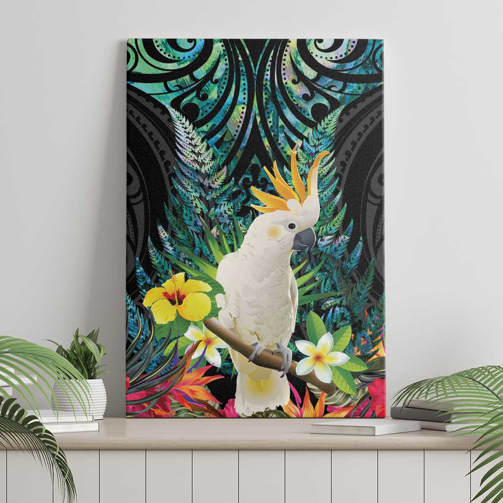 Sulphur-crested Cockatoo New Zealand Canvas Wall Art Paua Shell Aotearoa Maori Tropical Flowers - Aussie Hoodie