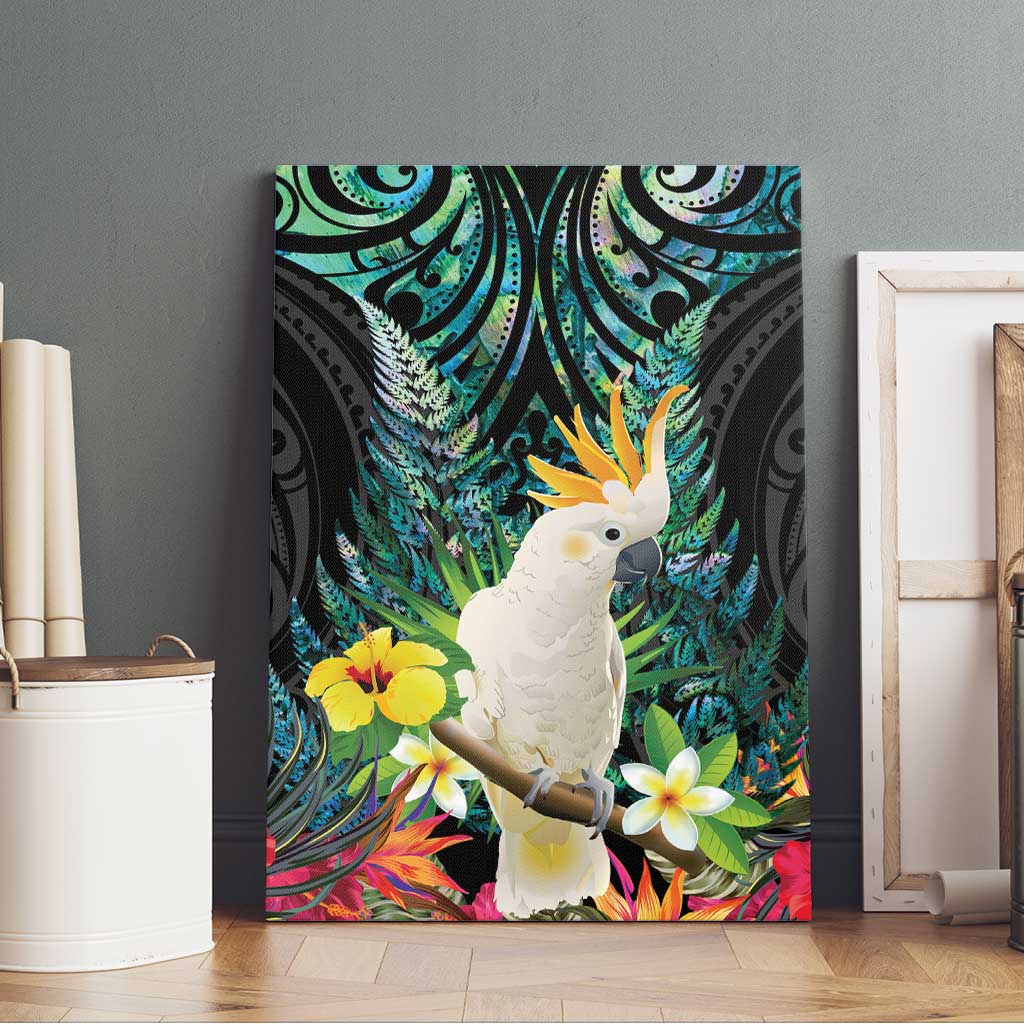 Sulphur-crested Cockatoo New Zealand Canvas Wall Art Paua Shell Aotearoa Maori Tropical Flowers - Aussie Hoodie