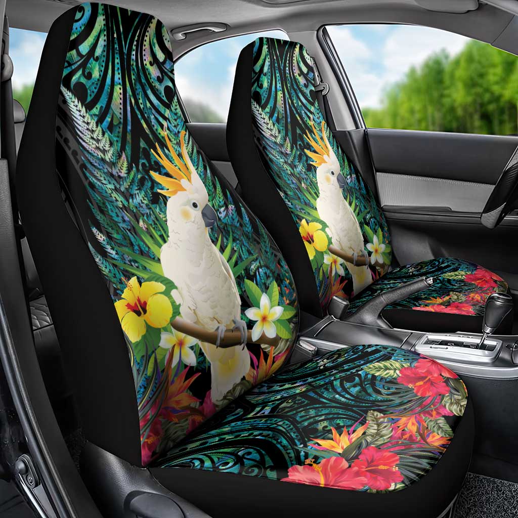 Sulphur-crested Cockatoo New Zealand Car Seat Cover Paua Shell Aotearoa Maori Tropical Flowers - Aussie Hoodie