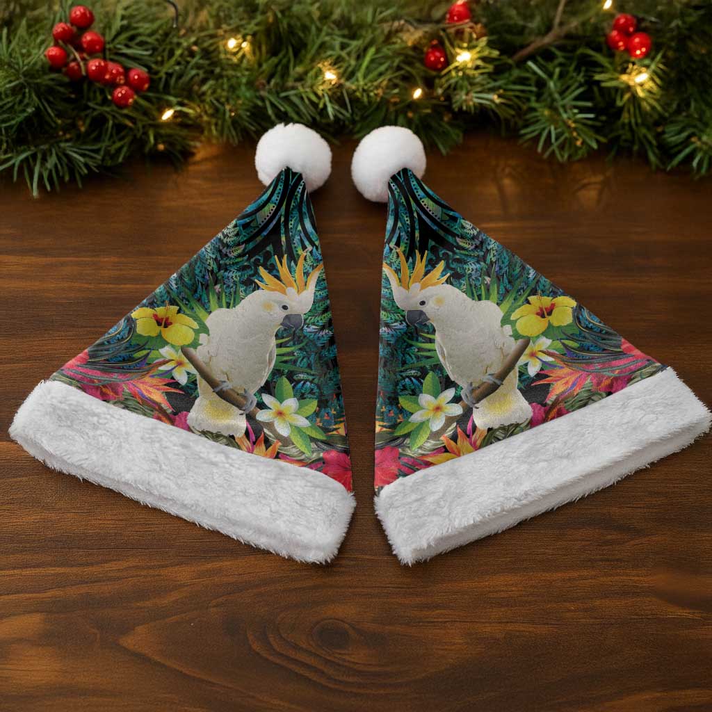 Sulphur-crested Cockatoo New Zealand Christmas Santa Hat Paua Shell Aotearoa Maori Tropical Flowers - Aussie Hoodie