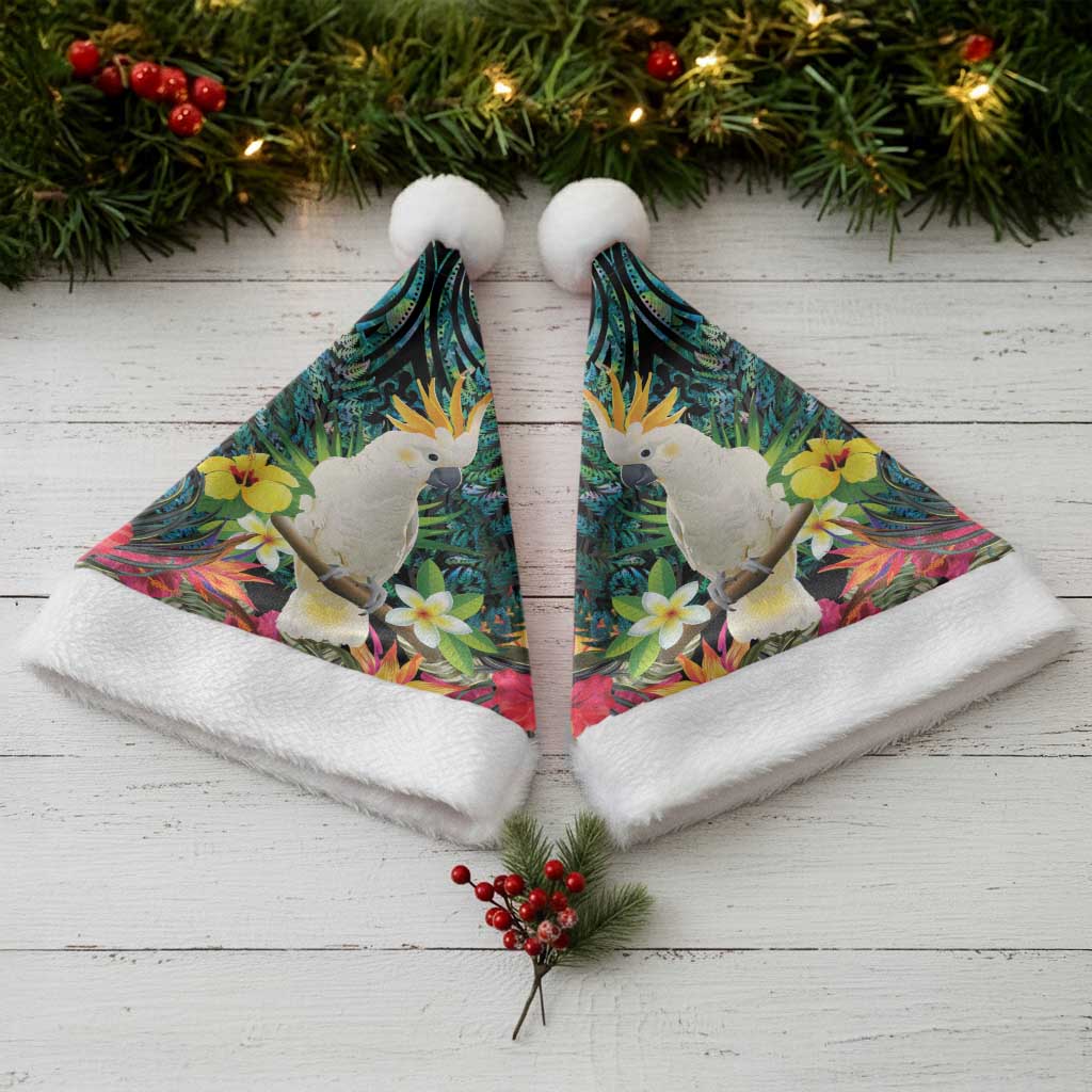 Sulphur-crested Cockatoo New Zealand Christmas Santa Hat Paua Shell Aotearoa Maori Tropical Flowers - Aussie Hoodie