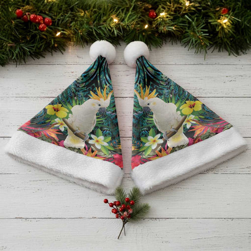 Sulphur-crested Cockatoo New Zealand Christmas Santa Hat Paua Shell Aotearoa Maori Tropical Flowers - Aussie Hoodie