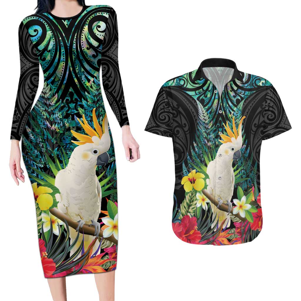 Sulphur-crested Cockatoo New Zealand Couples Matching Long Sleeve Bodycon Dress and Hawaiian Shirt Paua Shell Aotearoa Maori Tropical Flowers - Aussie Hoodie