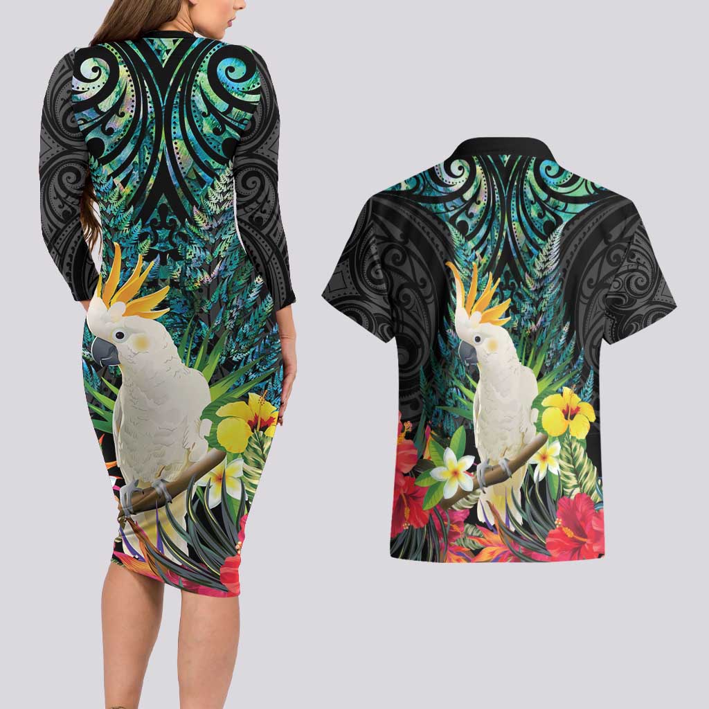 Sulphur-crested Cockatoo New Zealand Couples Matching Long Sleeve Bodycon Dress and Hawaiian Shirt Paua Shell Aotearoa Maori Tropical Flowers - Aussie Hoodie