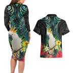 Sulphur-crested Cockatoo New Zealand Couples Matching Long Sleeve Bodycon Dress and Hawaiian Shirt Paua Shell Aotearoa Maori Tropical Flowers - Aussie Hoodie