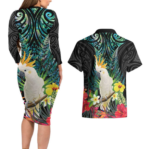 Sulphur-crested Cockatoo New Zealand Couples Matching Long Sleeve Bodycon Dress and Hawaiian Shirt Paua Shell Aotearoa Maori Tropical Flowers - Aussie Hoodie