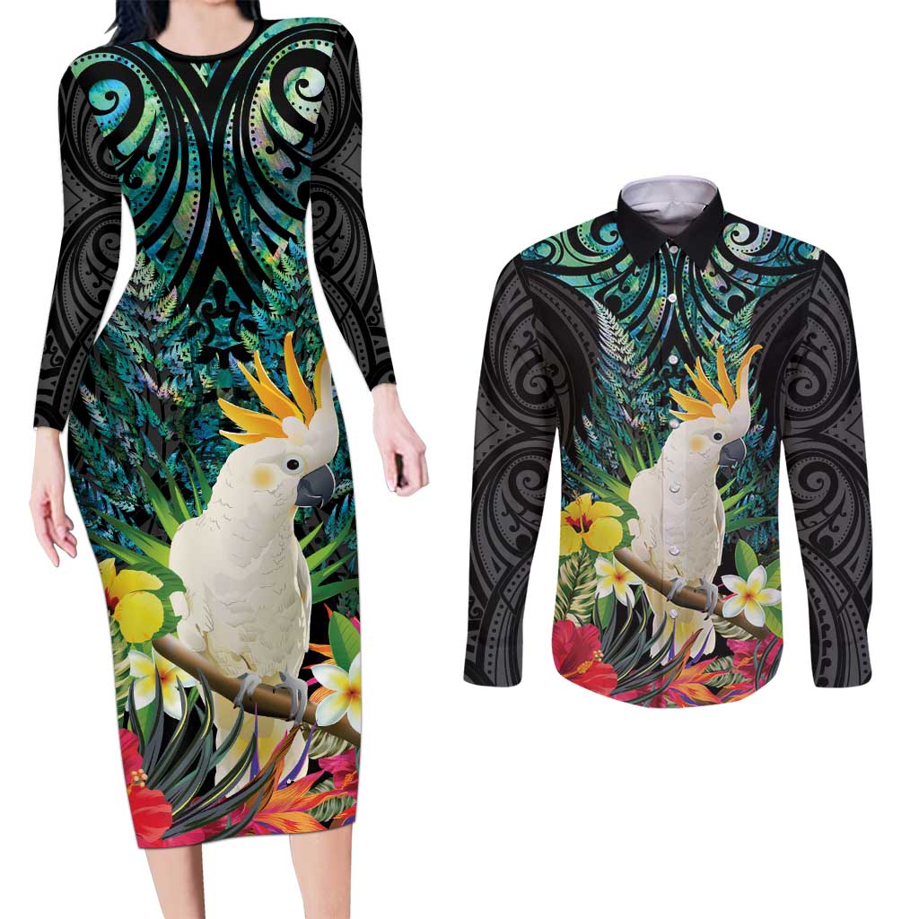 Sulphur-crested Cockatoo New Zealand Couples Matching Long Sleeve Bodycon Dress and Long Sleeve Button Shirt Paua Shell Aotearoa Maori Tropical Flowers - Aussie Hoodie