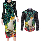 Sulphur-crested Cockatoo New Zealand Couples Matching Long Sleeve Bodycon Dress and Long Sleeve Button Shirt Paua Shell Aotearoa Maori Tropical Flowers - Aussie Hoodie