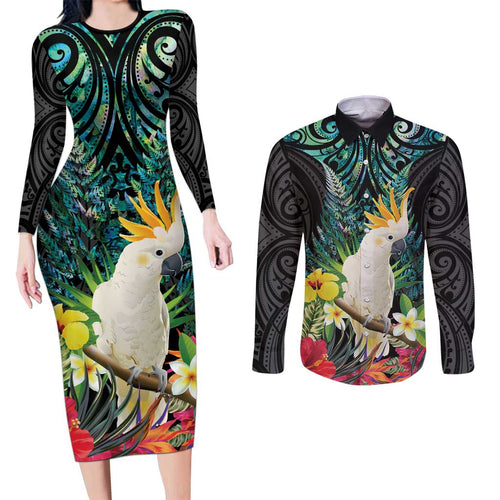 Sulphur-crested Cockatoo New Zealand Couples Matching Long Sleeve Bodycon Dress and Long Sleeve Button Shirt Paua Shell Aotearoa Maori Tropical Flowers - Aussie Hoodie